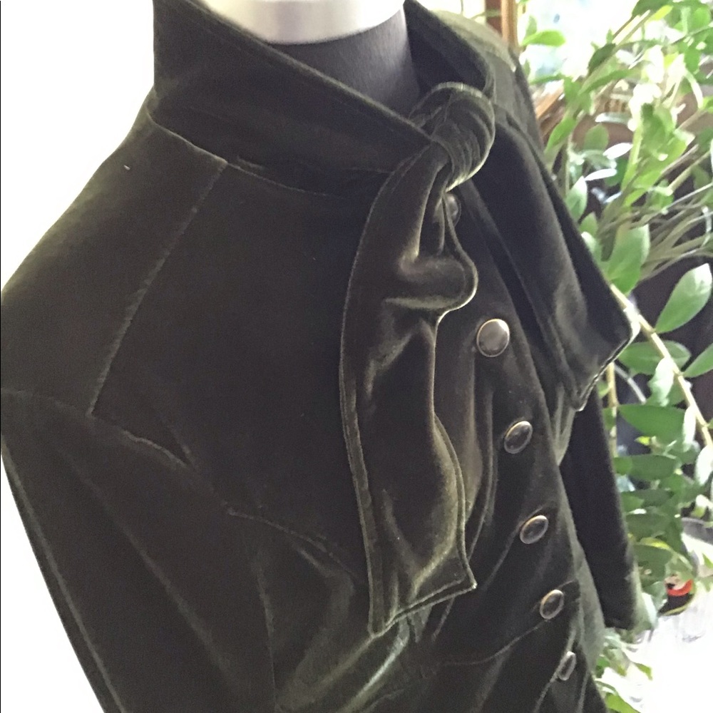 Dark Olive Bob Markie Vintage Velvet Bow Tie Blouse Button Front